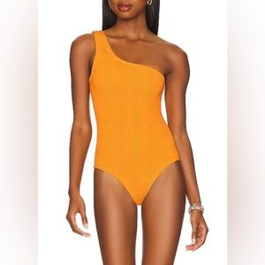 Hunza G orange one shoulder one piece bathing suit